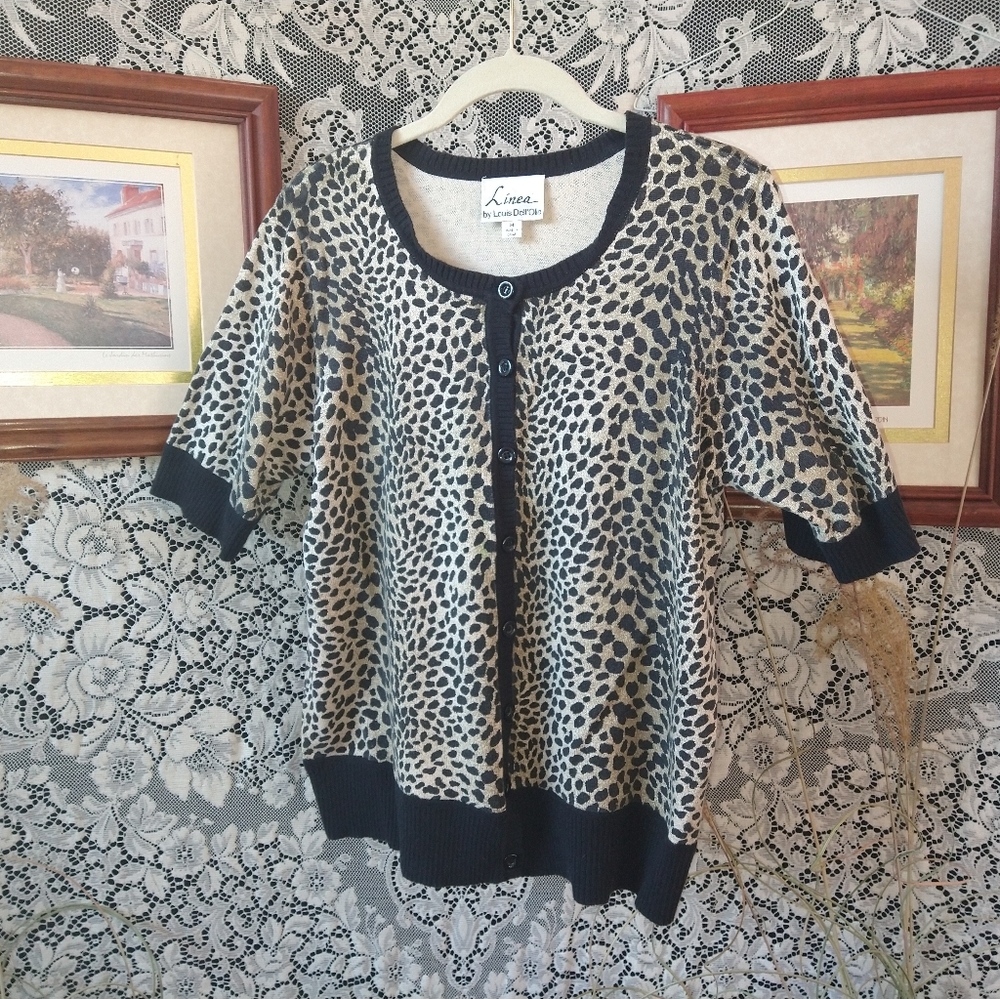 Louis Dell Olio animal print cardigan sweater black trim button down 1/2 sleeve
